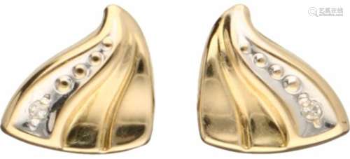 Oorbellen bicolor goud, ca. 0.006 ct. diamant - 14 kt.2 Single cut geslepen diamanten (ca. 0.003