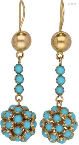 Vintage oorbellen geelgoud, turkoois - 18 kt.LxB: 5 x 1,2 cm. Gewicht: 6,8 gram.Vintage earrings