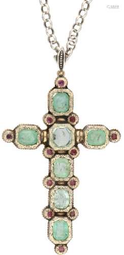 Antiek collier met kruisvormige hanger goud/zilver, smaragd en robijn - 14 kt. en 835/1000.1 Smaragd