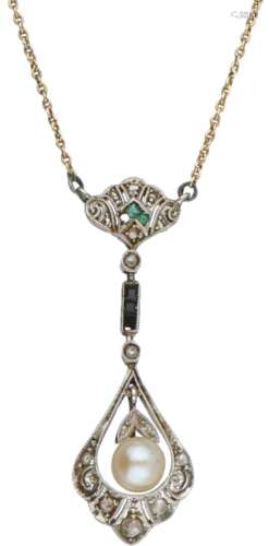 Art Deco collier met hanger geelgoud, diamant, saffier, smaragd en cultivé parel - 14 kt.Met