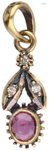 Hanger geelgoud, ca. 0.02 ct. diamant en amethist - 18 kt.3 Single cut geslepen diamanten (ca. 0.005