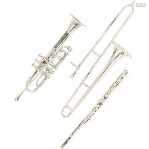 (3) Muziek instrumenten zilver.W.o. trompet, dwarsfluit, schuiftrompet. Italië, 20e eeuw,