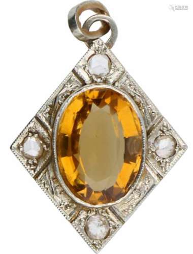 Hanger bicolor goud, diamant en citrien - 14 kt.4 Roos geslepen diamanten (doorsnede ca. 2 mm) en