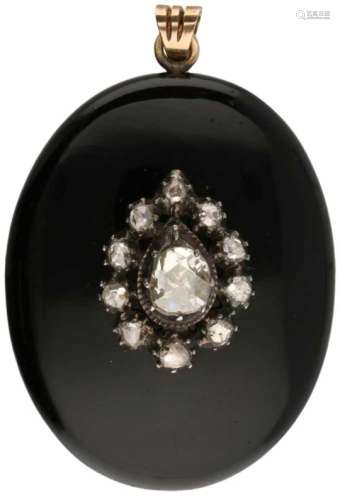 Hanger geelgoud, ca. 1.10 ct. diamant en onyx - BWG 10 kt.11 Roos geslepen diamanten (1x ca. 1.00