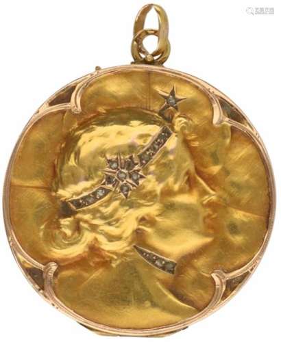Art Nouveau medaillon geelgoud, diamant - 14 kt.16 Roos geslepen diamanten (doorsnede ca. 1 mm).