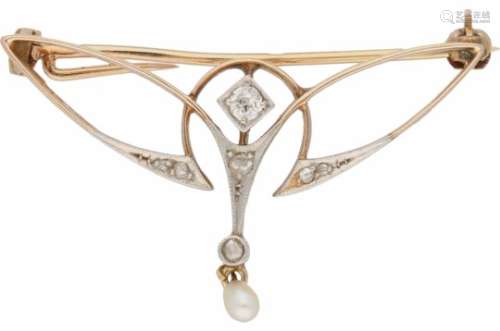 Art Nouveau broche rosegoud, ca. 0.08 ct. diamant en cultivé parel - 14 kt.1 Briljant geslepen