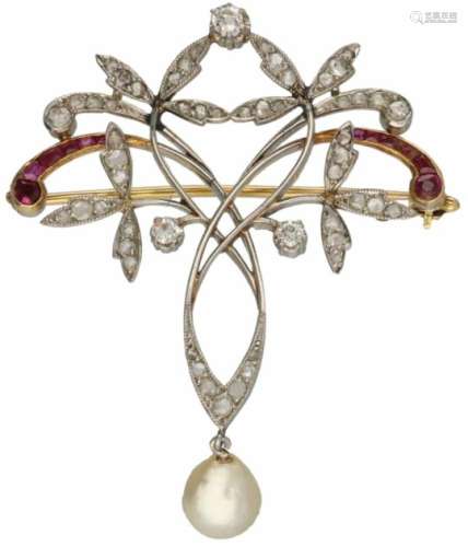 Art Nouveau broche/hanger platina, ca. 0.24 ct. diamant, robijn en parel - Pt 950.Speld is 18 kt.