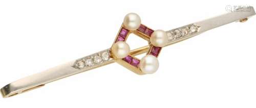 Art Deco broche bicolor goud, diamant, robijn en cultivé parel - 18 kt.8 Roos geslepen diamanten (