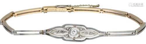 Art Deco armband geelgoud/platina, ca. 0.15 ct. diamant - 14 kt. en Pt 950.Met veiligheidskettinkje.