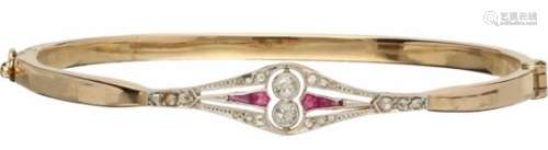 Art Deco armband bicolor goud, ca. 0.10 ct. diamant en robijn - 18 kt.Met veiligheidsachtje. 2 Old