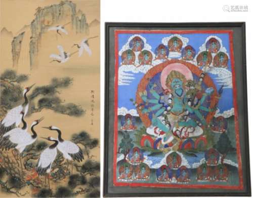Een lot van een thanga en een aquarel op papieren rol. China, 20e eeuw.A lot with a thangka and a