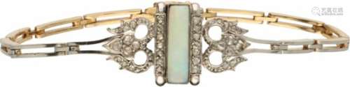 Art Deco armband bicolor goud, diamant en opaal - 14 kt.Met veiligheidsachtje. 40 Roos geslepen