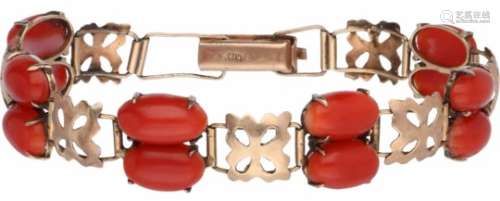 Antieke armband rosegoud, bloedkoraal - BWG 10 kt.12x Bloedkoraal ca. 10 x 5 mm. L: 17 cm.
