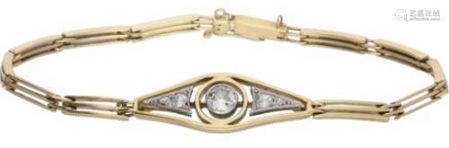 Art Deco armband geelgoud, ca. 0.29 ct. diamant - 14 kt.Opengewerkt. 5 Old European cut geslepen