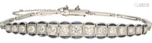 Art Deco armband platina, ca. 1.34 ct. diamant en saffier - Pt 950.Met veiligheidsachtje en