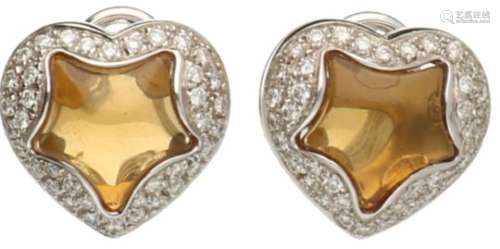 Chimento hartvormige oorbellen witgoud, ca. 0.76 ct. diamant en citrien - 14 kt.76 Briljant geslepen
