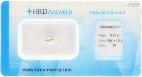 HRD Rond Briljant geslepen diamant 0.74 ct.Kleur: D, Zuiverheid: P1, Proportions: Good, Polish: Very