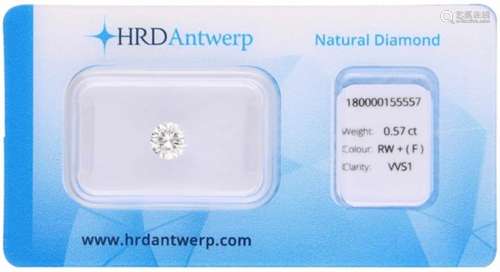 HRD Rond Briljant geslepen diamant 0.57 ct.Kleur: F, Zuiverheid: VVS1, Proportions: Good, Polish: