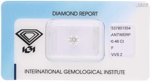 IGI Rond Briljant geslepen diamant 0.46 ct.Kleur: F, Zuiverheid: VVS2, Cut: Excellent, Polish: