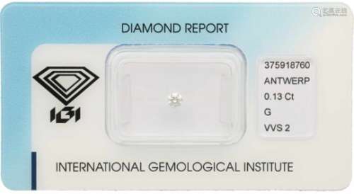 IGI Rond Briljant geslepen diamant 0.13 ct.Kleur: G, Zuiverheid: VVS2, Cut: Excellent, Polish: