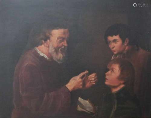 Hollandse School, 18e eeuw.Twee jongens ontvangen onderricht van een oudere leraar. Olieverf op
