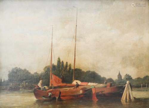Hollandse School, 19e eeuwEen platbodem op een rivier. Olieverf op paneel.Dutch School, 19th