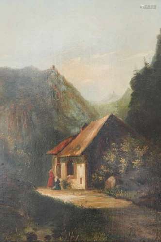 Duitse School, 19e eeuw.Reizigers bij een kapelletje in een Alpenlandschap. Olieverf op paneel.