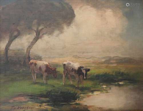 Fedor van Kregten (Diever, Dr. 1871-1937 Den Haag).Koeien aan de waterkant. Olieverf op paneel.