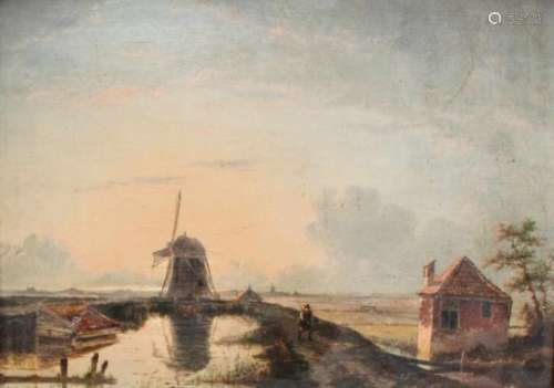 H.G. ten Cate (Amsterdam 1803-1856) - toegeschreven aan.Rivierlandschap met molen. Olieverf op