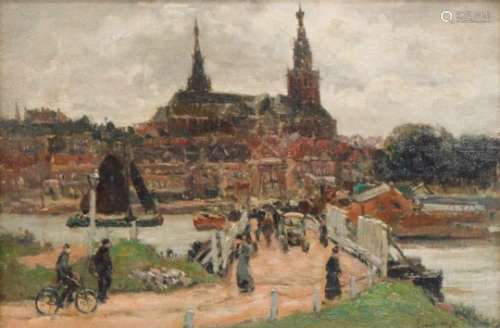 Evert Moll (Voorburg 1878-1955 Den Haag). Een entree naar een stad. Olieverf op doek op paneel (