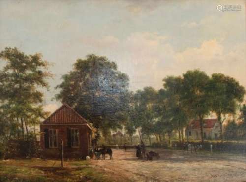 Alexander Hieronimus Bakhuyzen (Den Haag 1826 - 1878 Middelburg). Reizigers met vee op een zandlaan.