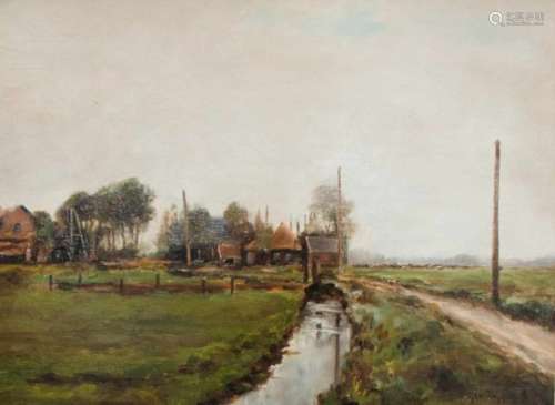 Geo Poggenbeek (Amsterdam 1853-1903).Landschap met slootje en boerenhoeves. Olieverf op paneel.