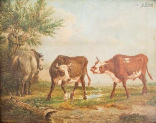 Hollandse School, eerste helft 19e eeuw.Landschap met vee. Olieverf op paneel. Gesigneerd 