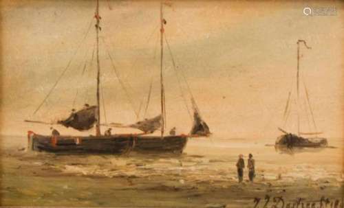 toegeschreven aan J.J. Destree (Laken 1827 - 1888 Den Haag). Bomschuiten aan de vloedlijn.