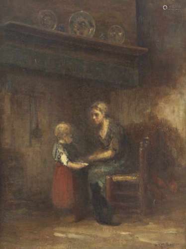Hollandse School, 19e/20e eeuw.Vrouw en kind bij de haard. Olieverf op doek. Onduidelijk