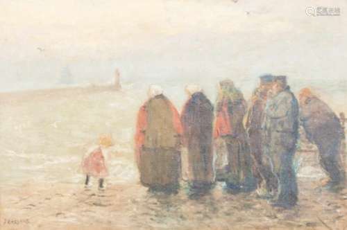 Jan Cossaar (Amsterdam 1874 - 1966 Den Haag).Wachten op de vloot, figuren op de Scheveningse kade.
