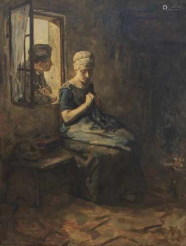 Albert Neuhuys (Utrecht 1844 - 1914 Locarno, Zw.).Op vrijersvoeten. Olieverf op doek. Gesigneerd