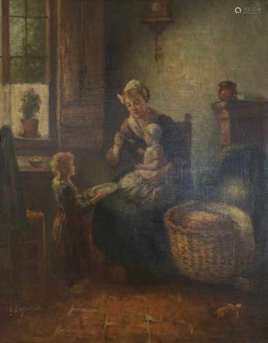 Larense School, 20e eeuw.Moeders kleine helpertje. Olieverf op doek. Gesigneerd 