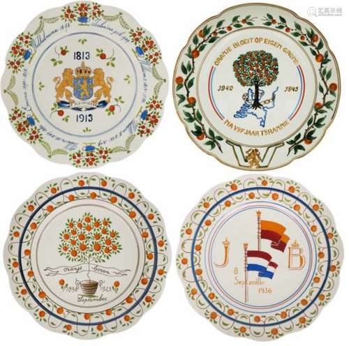 Een lot van vier plateel Jubileumborden. Zuid-Holland. Begin 20e eeuw.A lot of four earthenware