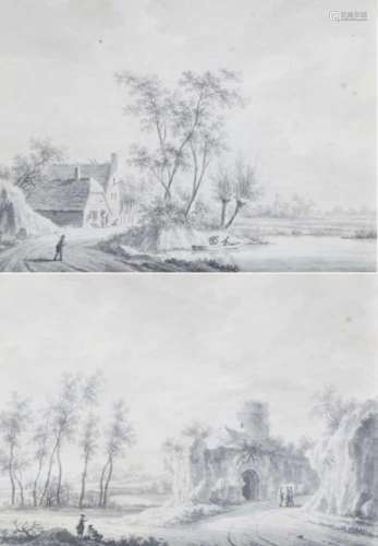 Nicolaas Wicart (Utrecht 1748 - 1815). Wandelaars bij een ruïne' en 'Een rivierlandschap met vissers