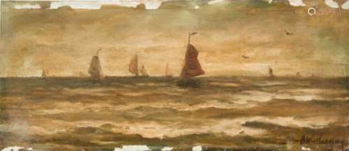 Hendrik Willem Mesdag (Groningen 1831 - 1915 Den Haag).Bomschuiten op zee. Olieverf op doek op