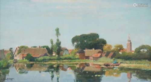 G.F. van Schagen (Den Haag 1880 - 1968 Laren NH). Een dorp aan een rivier. Olieverf op doek.