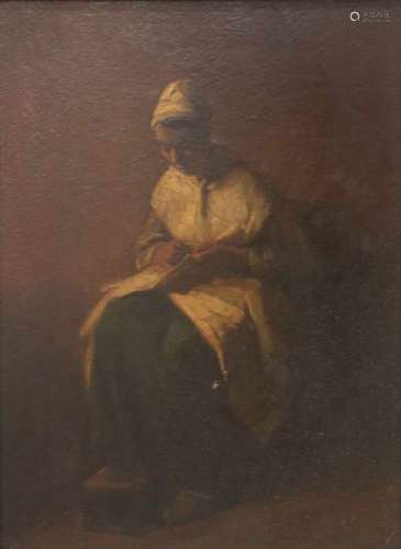 Albert Neuhuys (Utrecht 1844 - 1914 Locarno, Zw.).Handwerkende vrouw in interieur. Olieverf op