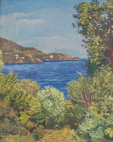 Herman Bieling (Hilligersberg 1887 - 1964 Rhoon).Mediterraans kustgezicht, mogelijk Menton. Olieverf