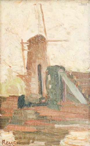 Marinus Pieter Reus (Dordrecht 1865 - 1938 Bergen op Zoom). Een molen in een landschap. Olieverf