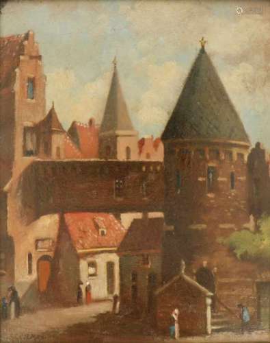 W.A. Gijzeman (Belgische School 1870 - 1920).Stadsgezicht met figuren. Olieverf op paneel.