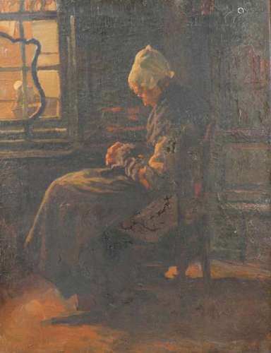 Hollandse School, 19e eeuw. Een oude vrouw in een interieur. Olieverf op doek. Onduidelijk