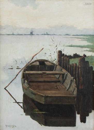 Piet Rackwitsz (Rotterdam 1892 - 1968 Den Haag).Een puntertje op een plas in een polderlandschap.
