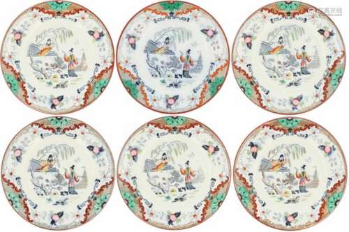 Een lot van zes borden met Chinees decor, Timor Petrus Regout. Nederland, 19e eeuw.Ø 25 cm.A lot