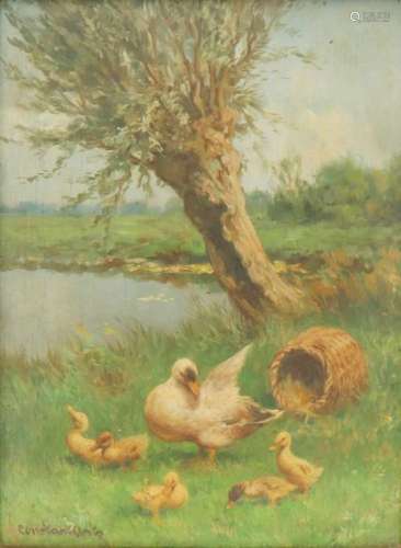 Constant Artz (Parijs 1870 - 1951 Soest). Moedereend met pijltjes aan de waterkant. Olieverf op